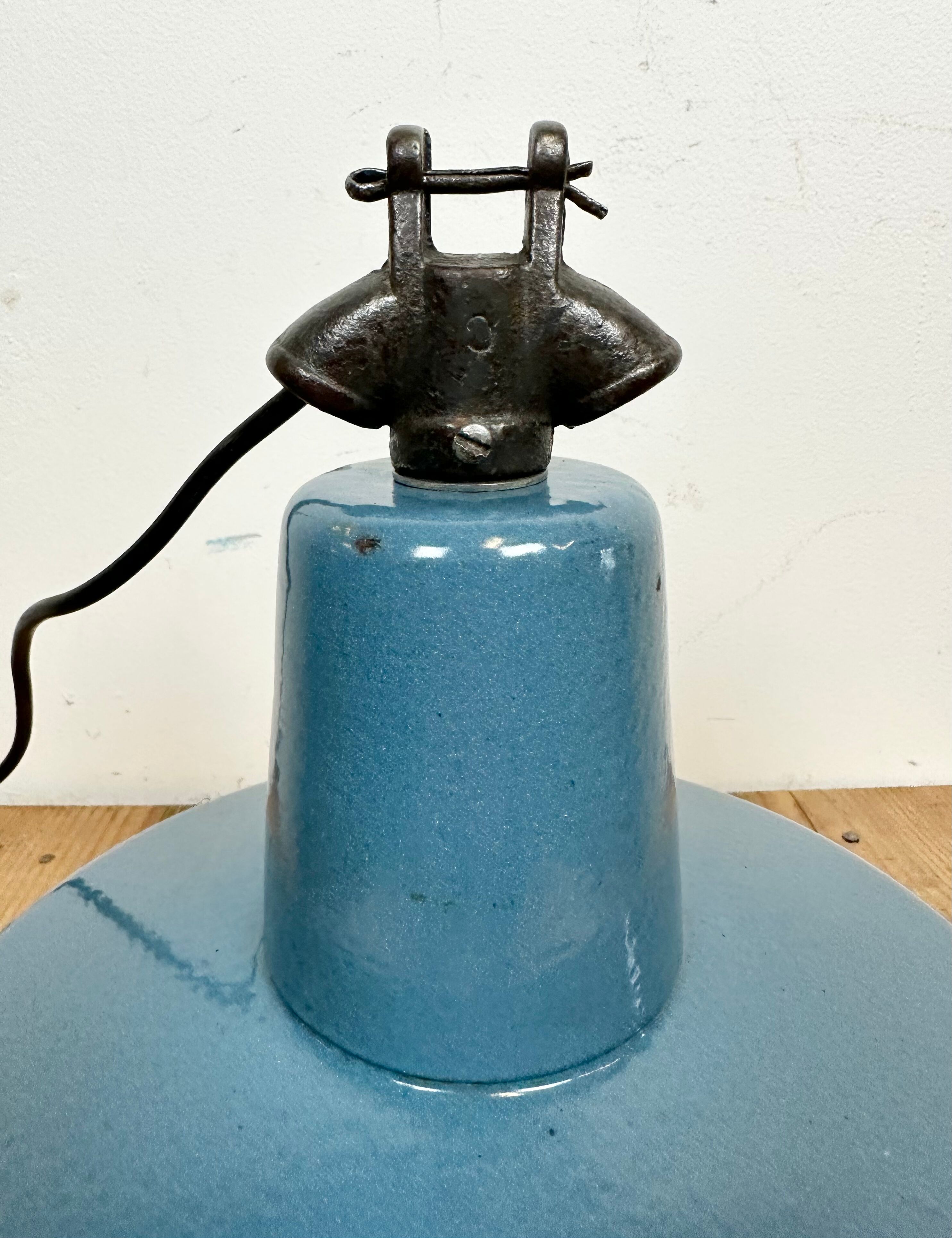 Industrial Blue Enamel Factory Lamp with Cast Iron Top, 1960s