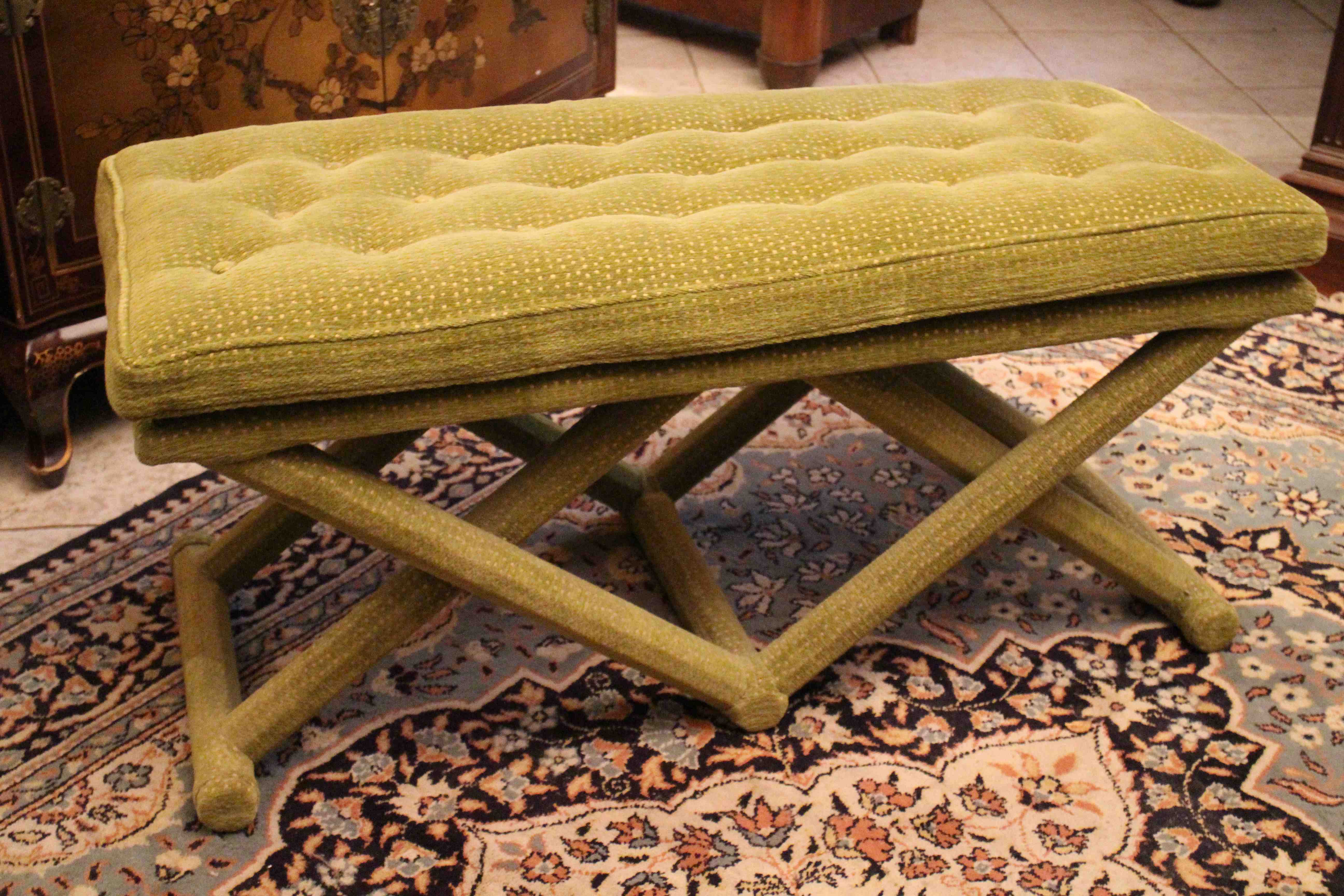 Mid-20th-designed green velvet bench