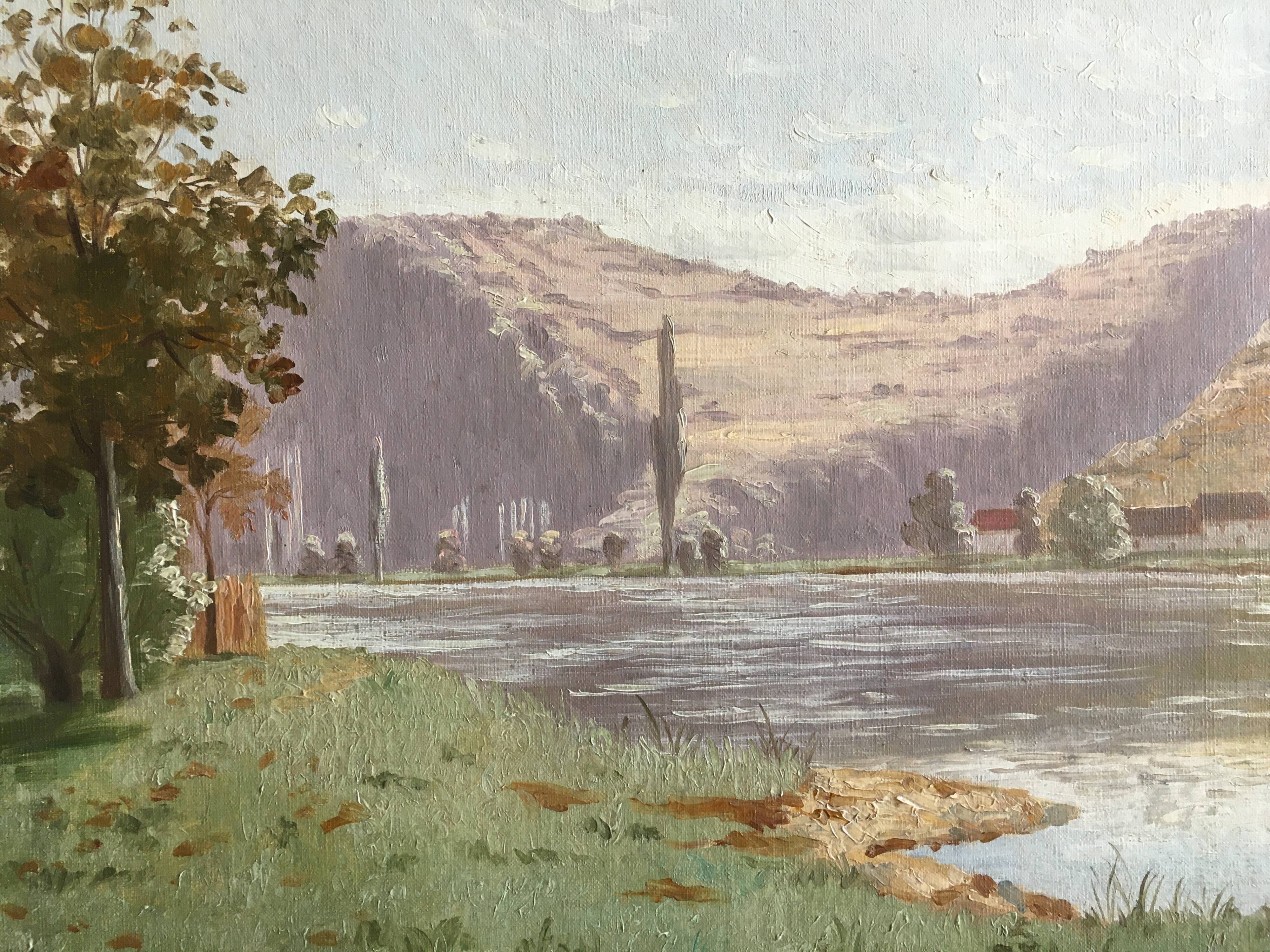 Ancient painting "Landscape at the River" E. Poux Doubs signed cf. Isenbart Charigny