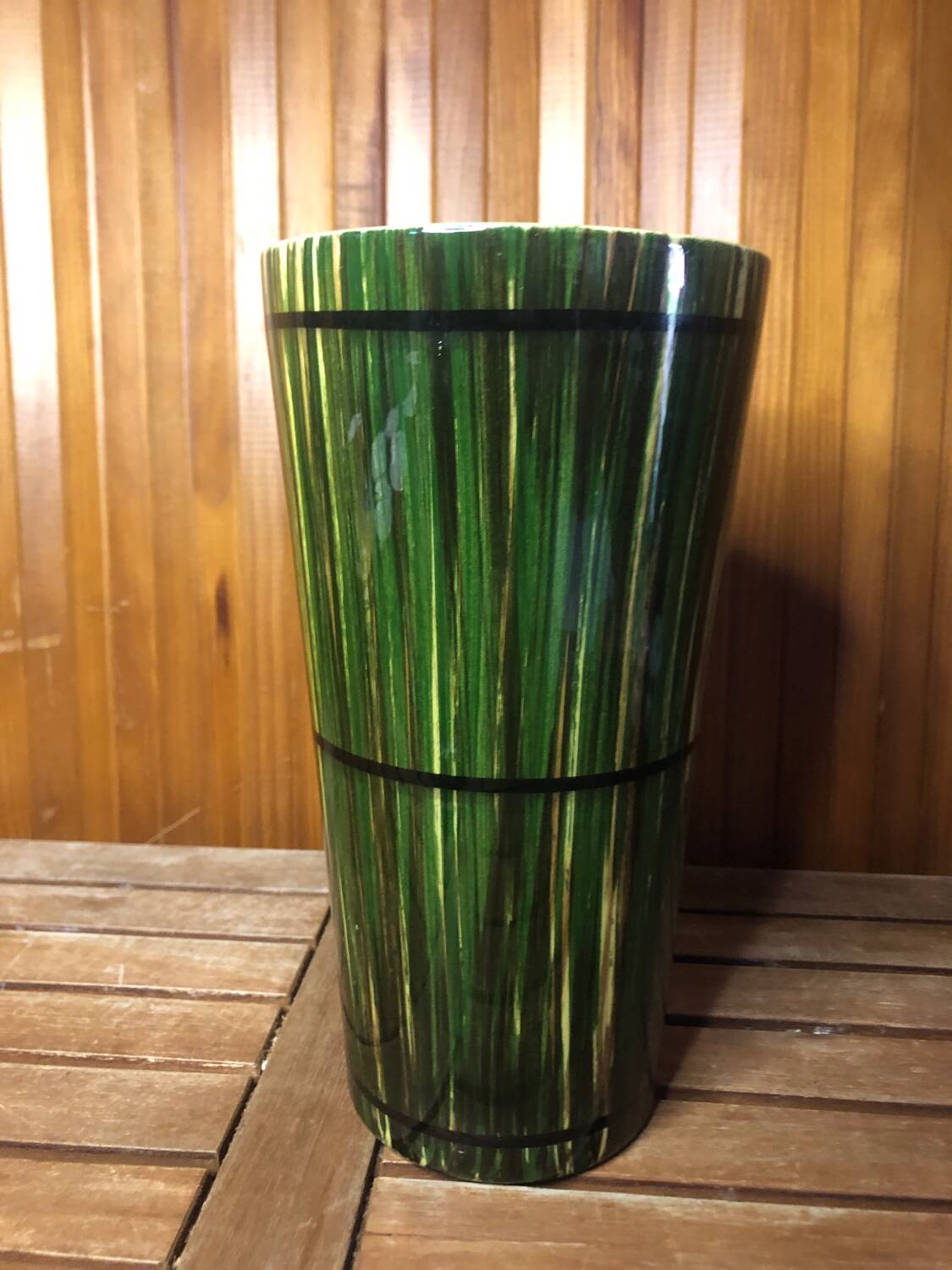 Old vase st clément france green & yellow ceramic vintage #a392