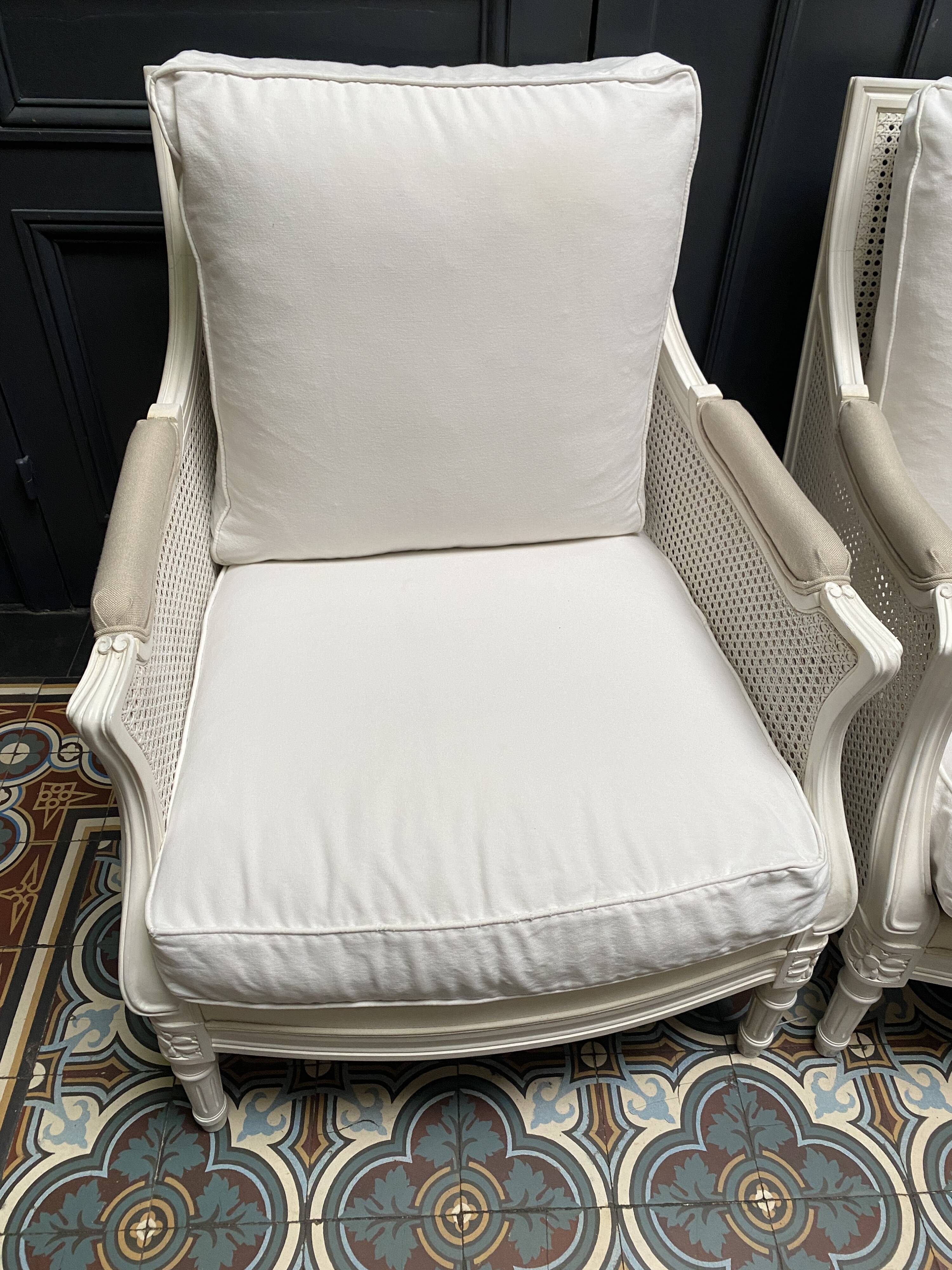 Pair of Louis XVI style caned Bergère armchairs