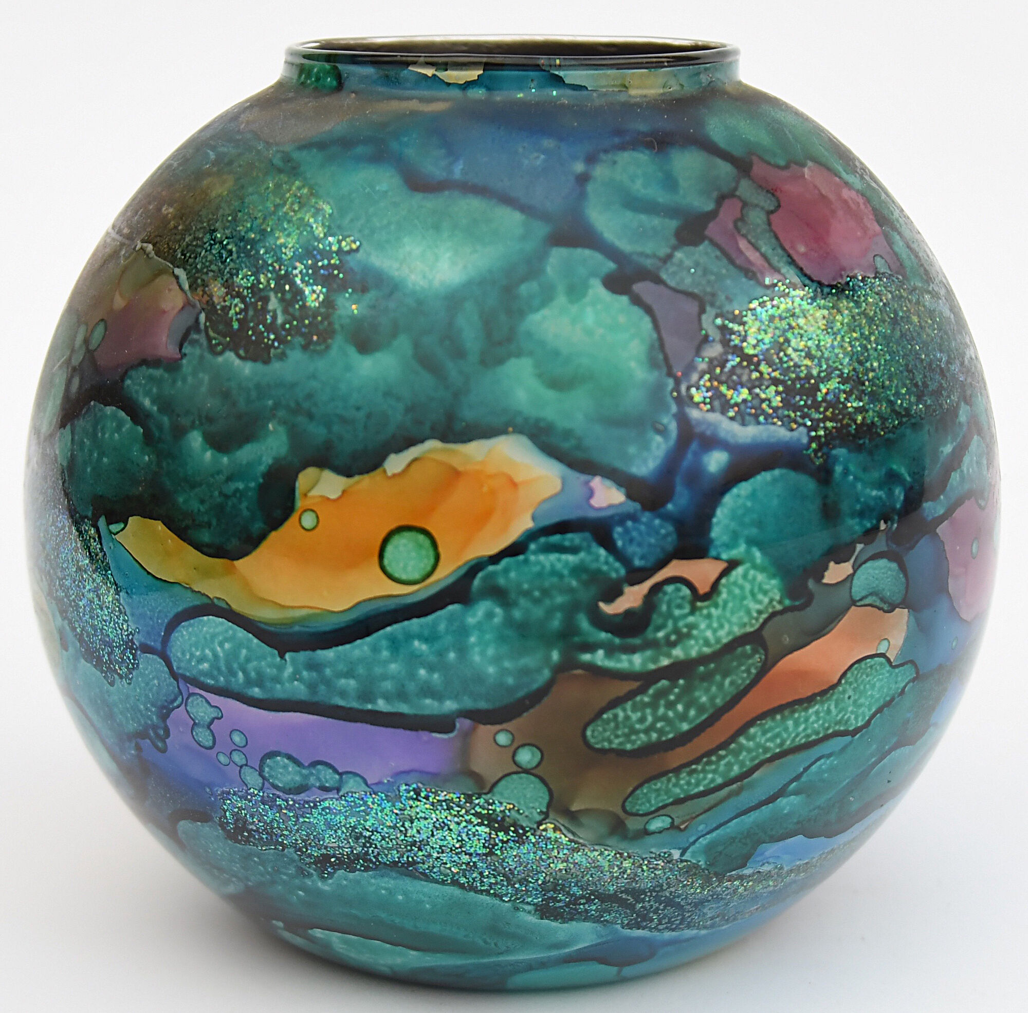 Vase ball eglomisé in lacquered glass by Jean Noel BOUILLET