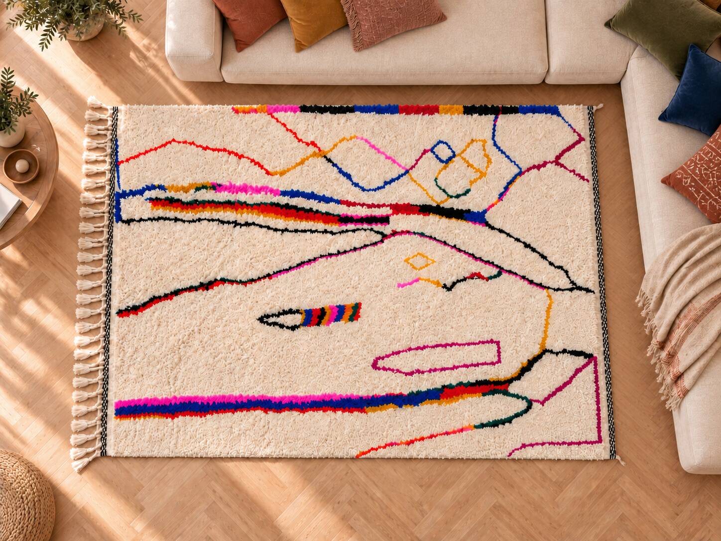Large cream Berber rug with colourful patterns – 290 × 200 cm