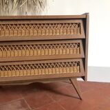 Vintage wood and rattan chest of drawers