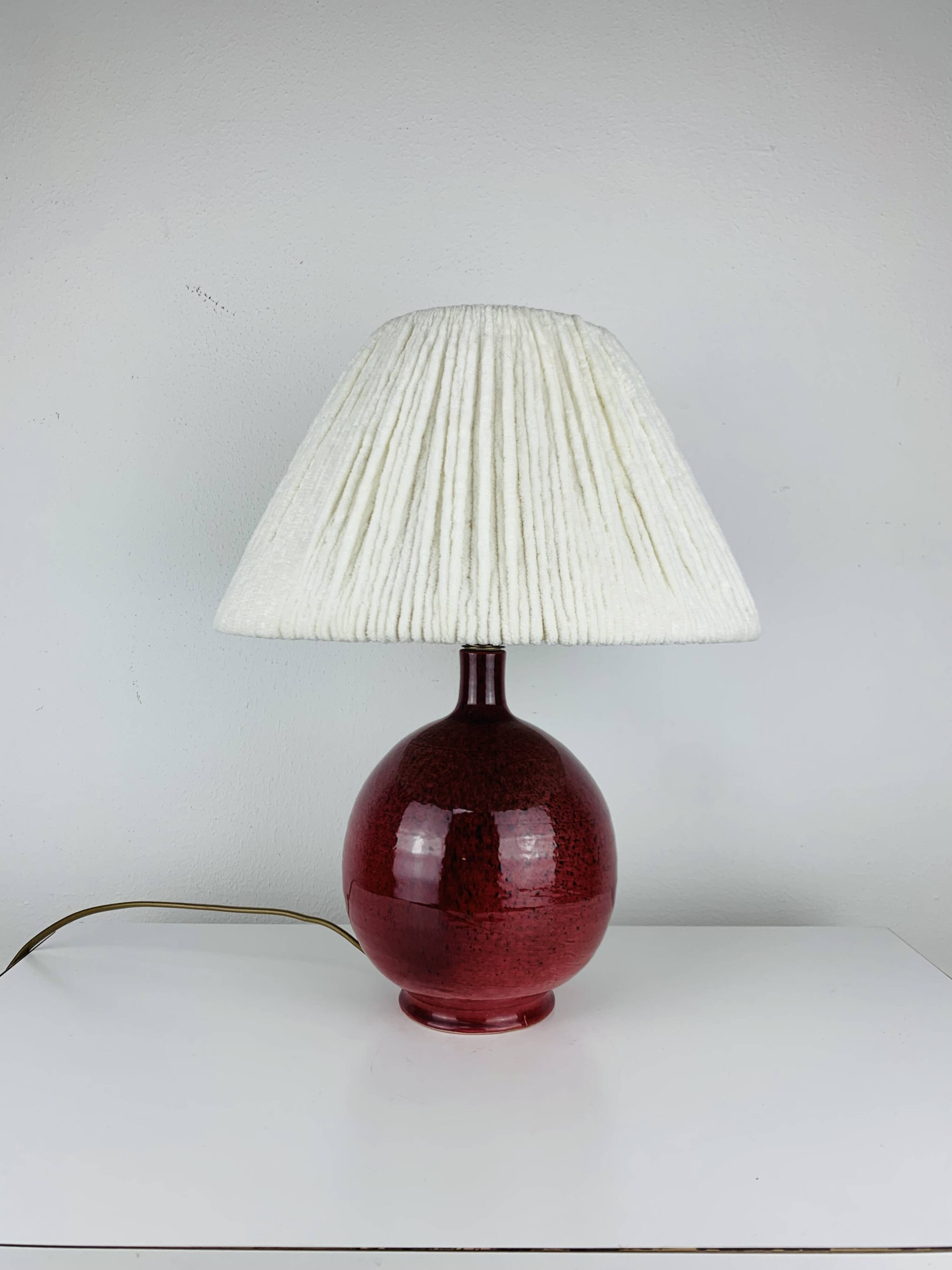 Purple ceramic ball lamp with wool shade, vintage.