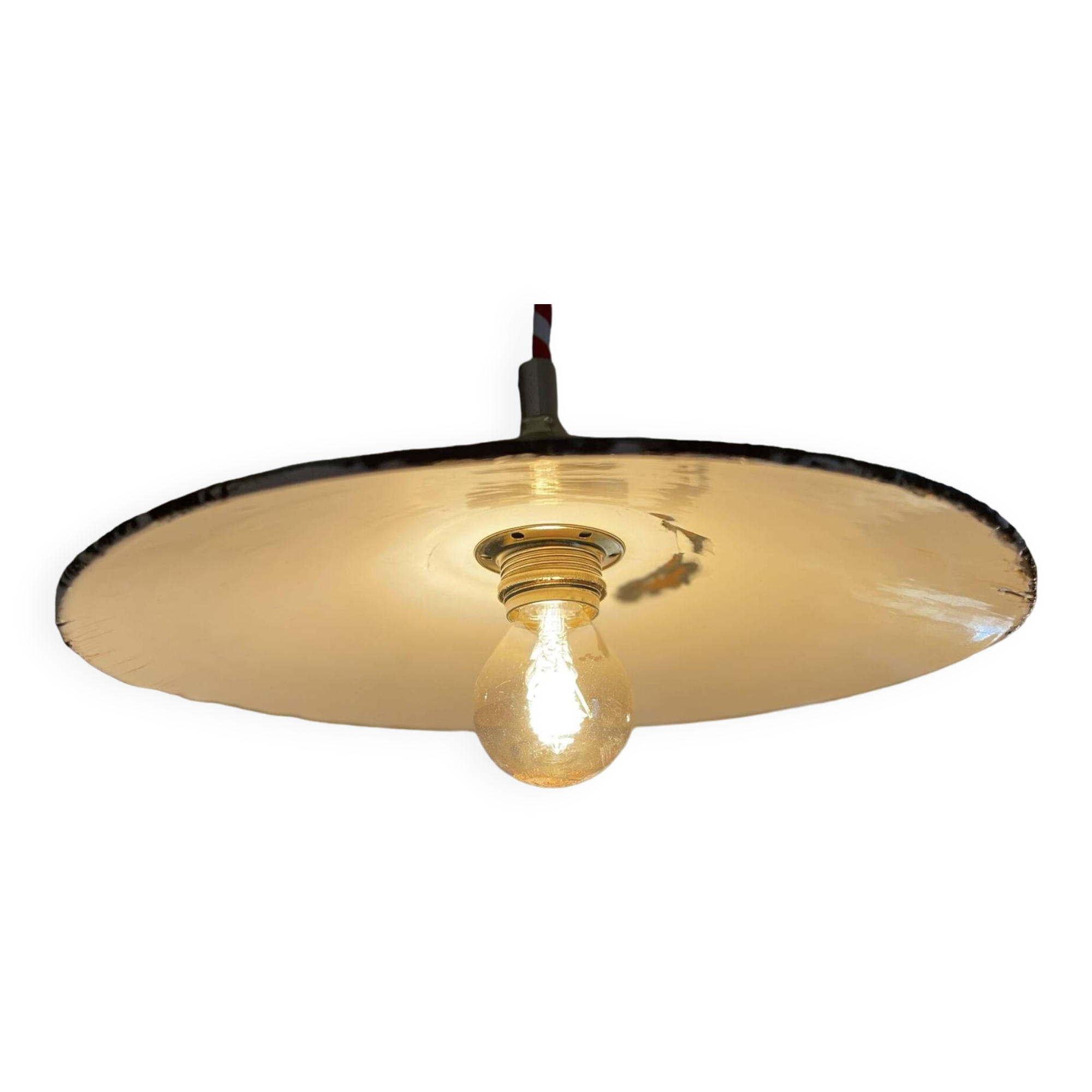 Old green/black and white enameled sheet metal pendant lights Two-tone vintage industrial farmhouse wire