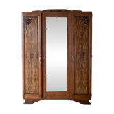 Art Deco 3-door wardrobe in carved wood with mirror
