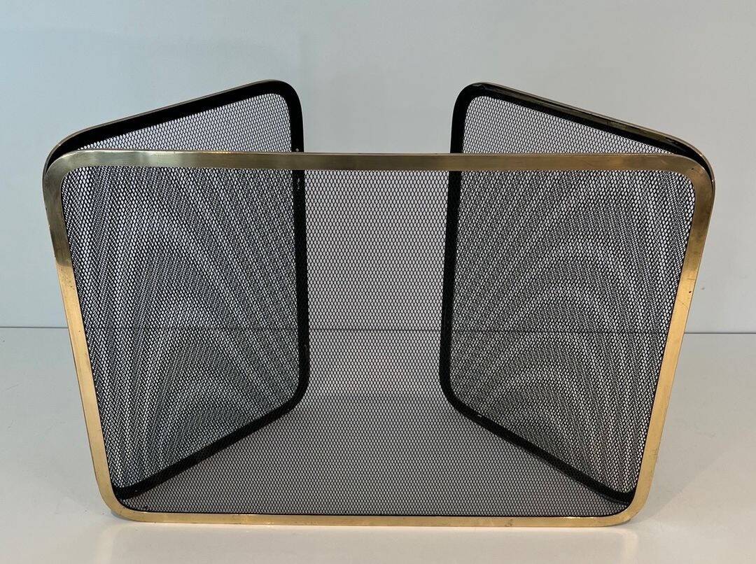 Three-Panel Folding Fire Screen in Polished Brass and Steel Mesh