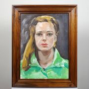 Portrait "The Woman in Green" vintage oil on canvas board framed