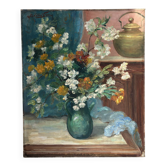 Bouquet of flowers with teapot, oil on canvas signed