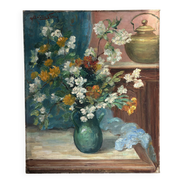Bouquet de fleurs avec théière, huile sur toile signée