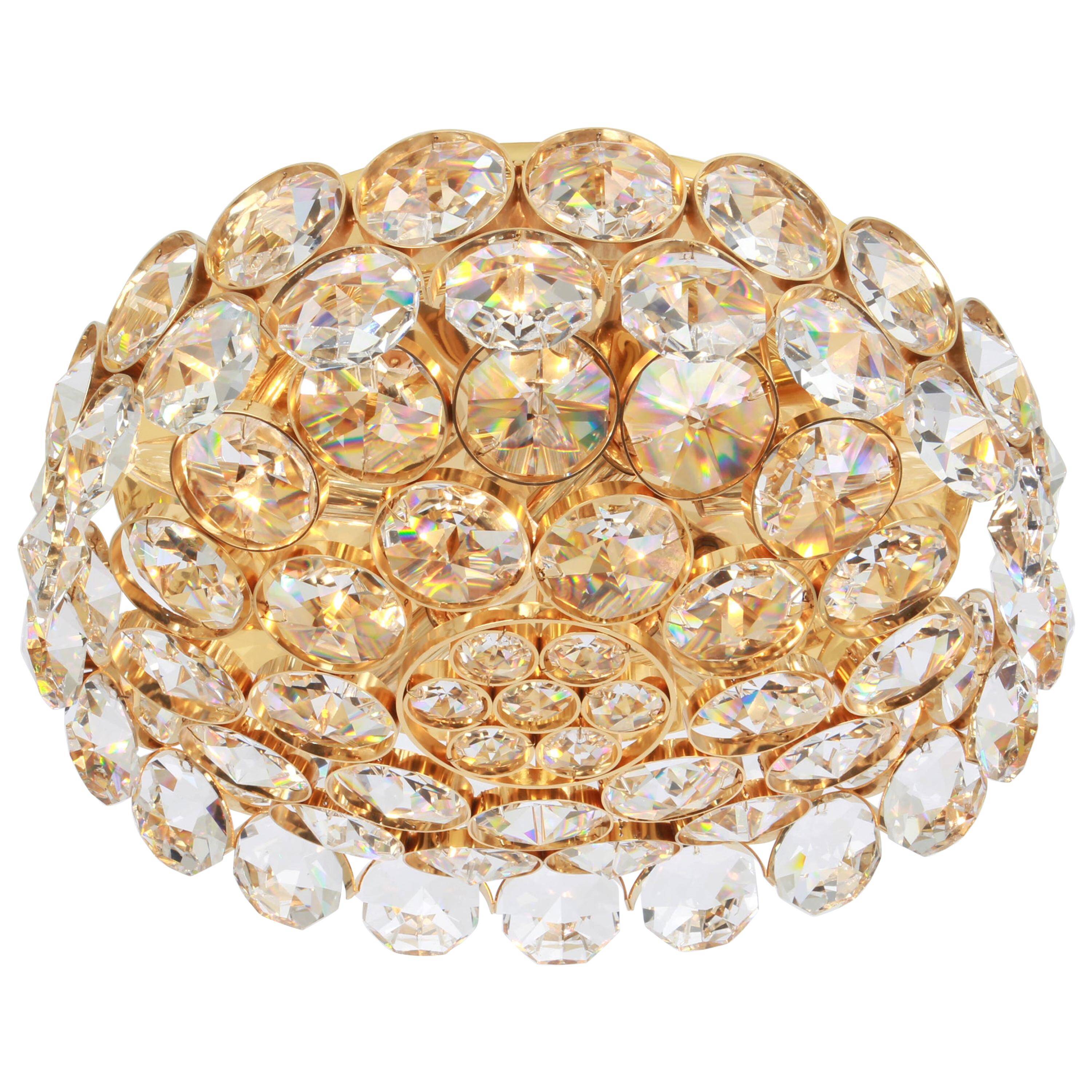 Chandelier in gilded brass and crystal glass inlaid by Palwa, Germany, 1970s.