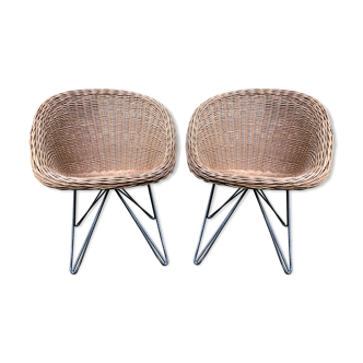 Pair of rattan and black lay metal armchairs from the 1950s