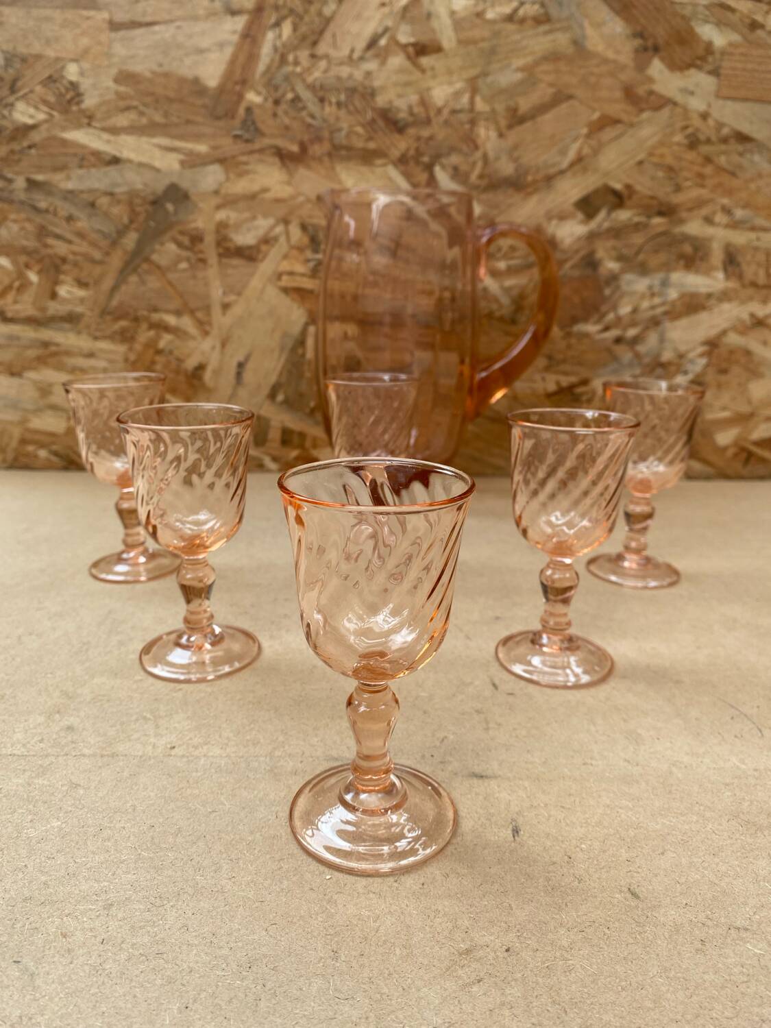 Antique Pink Blown Glass Pitcher Set + 6 Vintage Liqueur Glasses
