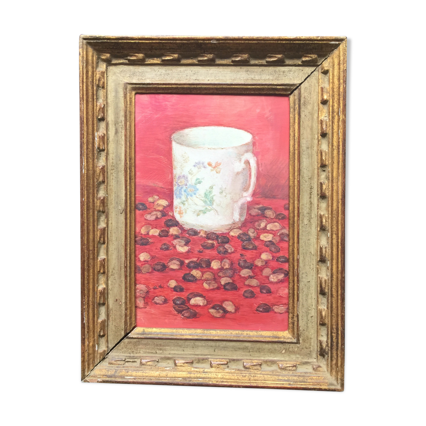 Original oil on still life canvas "La Tasse Fond Rose"