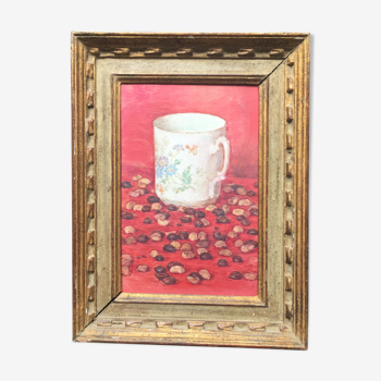 Original oil on still life canvas "La Tasse Fond Rose"