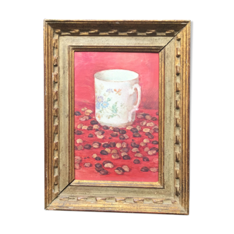 Original oil on still life canvas "La Tasse Fond Rose"