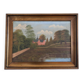 Peinture à l'huile sur toile vintage originale, signée, art de campagne, vers 1930