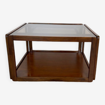 Seventies square coffee table in wood and glass