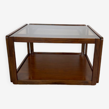 Table basse carree seventies en bois et verre