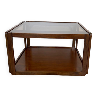 Seventies square coffee table in wood and glass