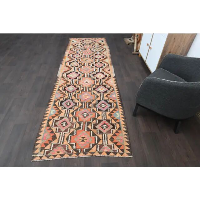 1970s Turkish Oushak Handmade Wool Cotton Orange Runner Rug 103x325