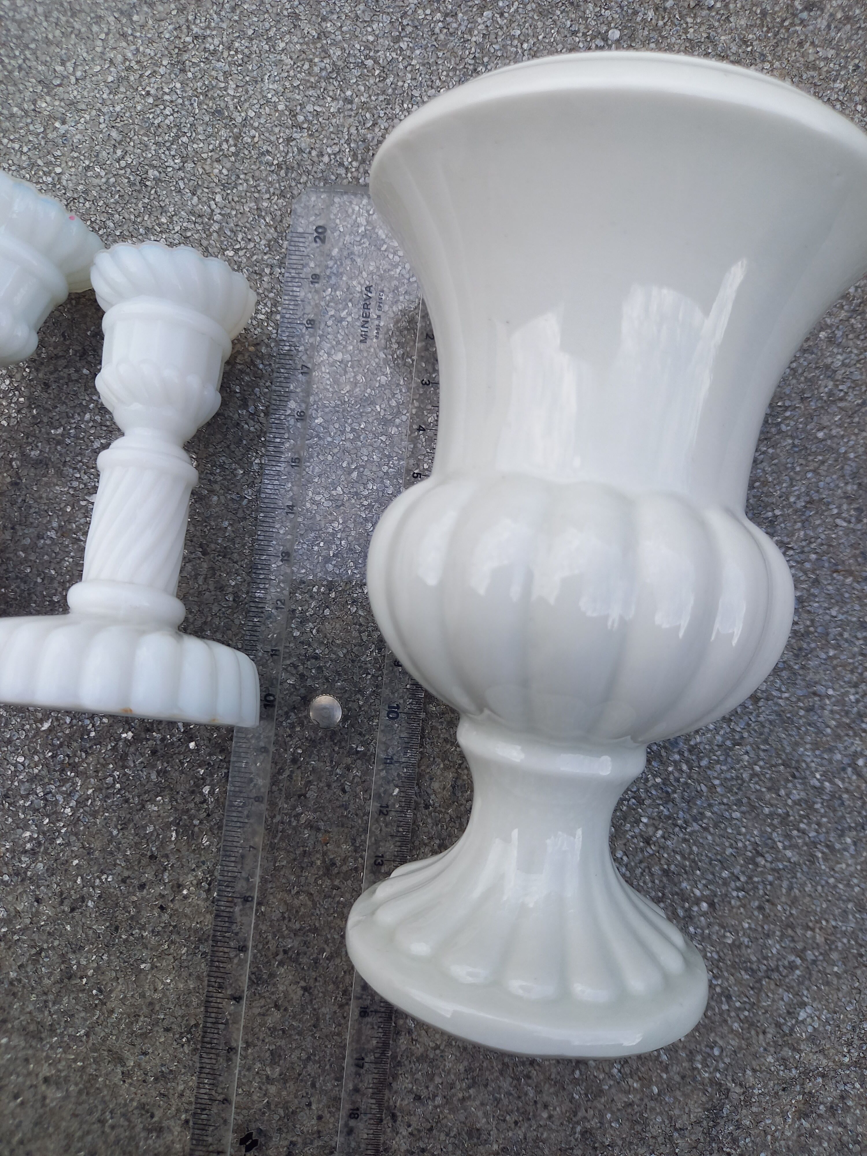 2 candle holders and earthenware vase