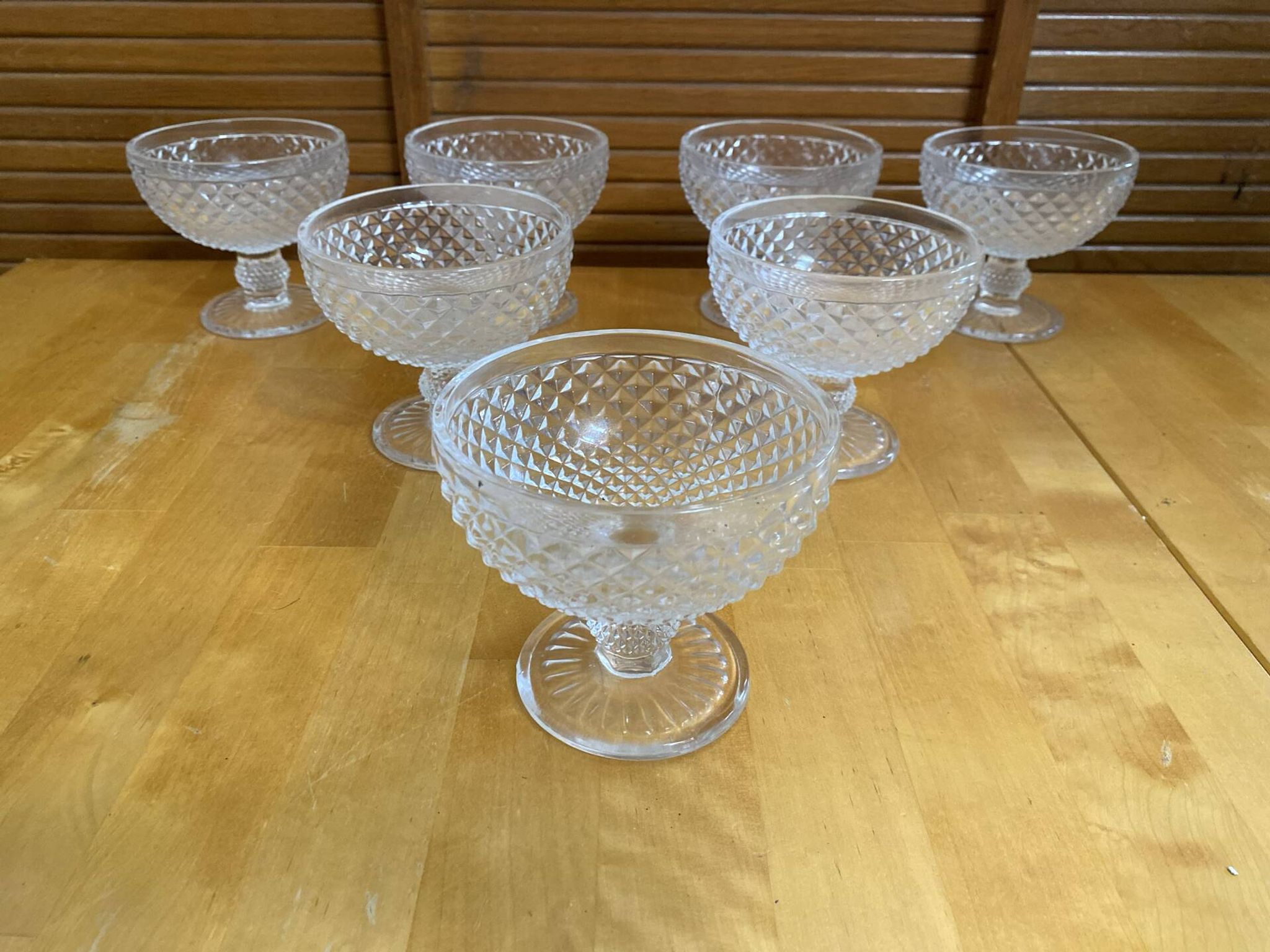 Set of 7 Glass Ice Cream Bowls Diamond Point France Vintage #E076