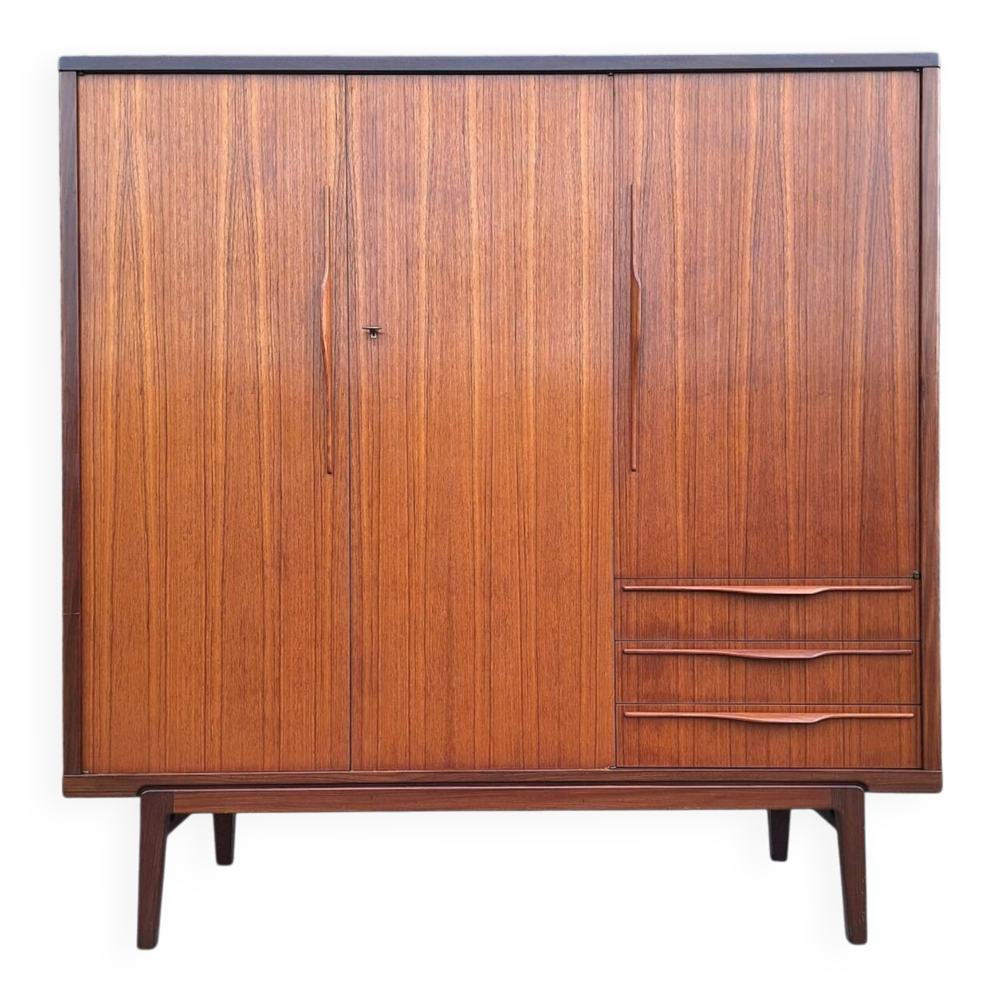 Vintage teak wardrobe, antique clothing cabinet.