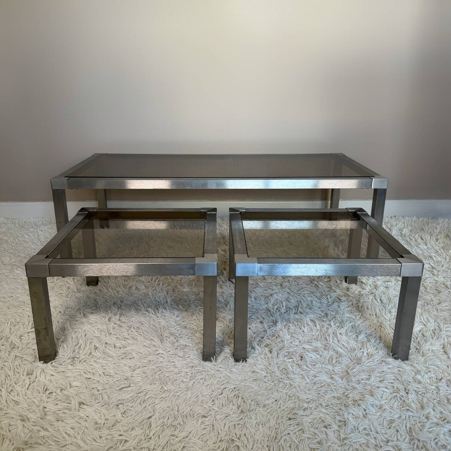 70s design brushed steel coffee table and nesting tables