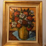 Old painting, oil on canvas, representing a bouquet of flowers, mid-twentieth century
