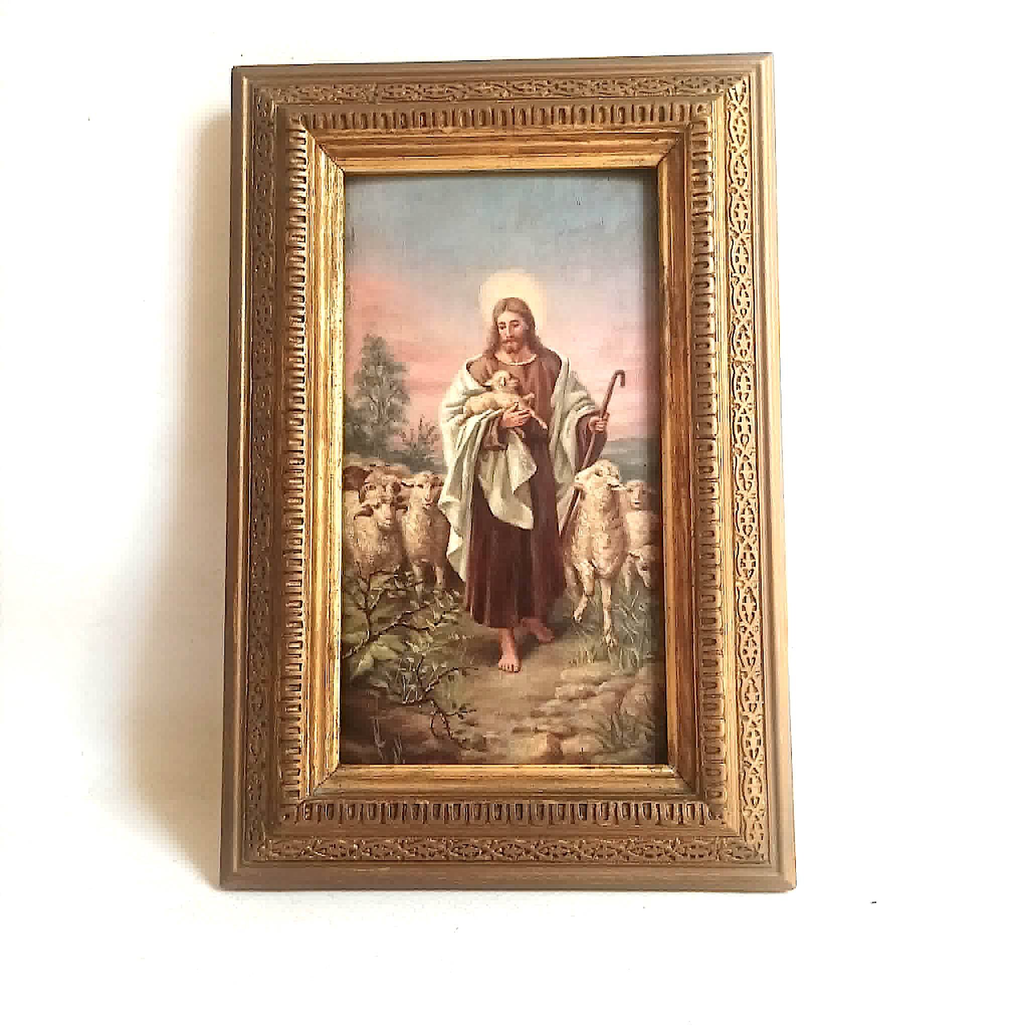 Oil painting on wood The Good Shepherd Christ Late 19th century