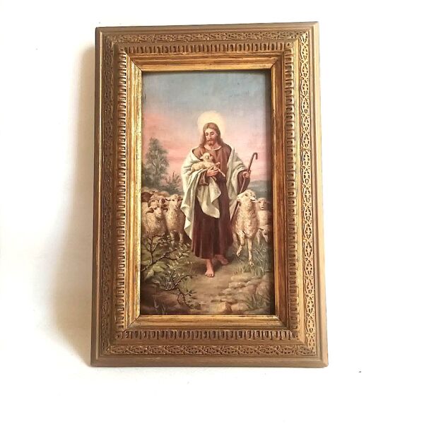 Peinture Huile sur bois Le Christ Bon Berger Fin 19e