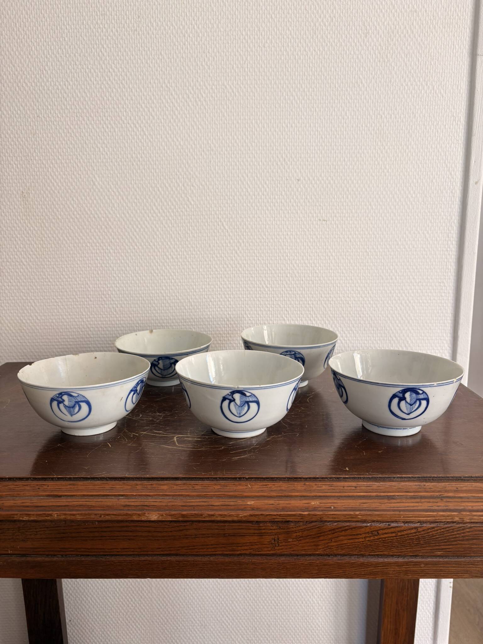 Lot of Blue White Porcelain Rice Tea from China with Cobalt Blue Imperial Dragons