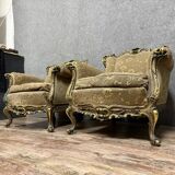 Pair of Louis XV style Venetian armchairs in gilded wood circa 1950