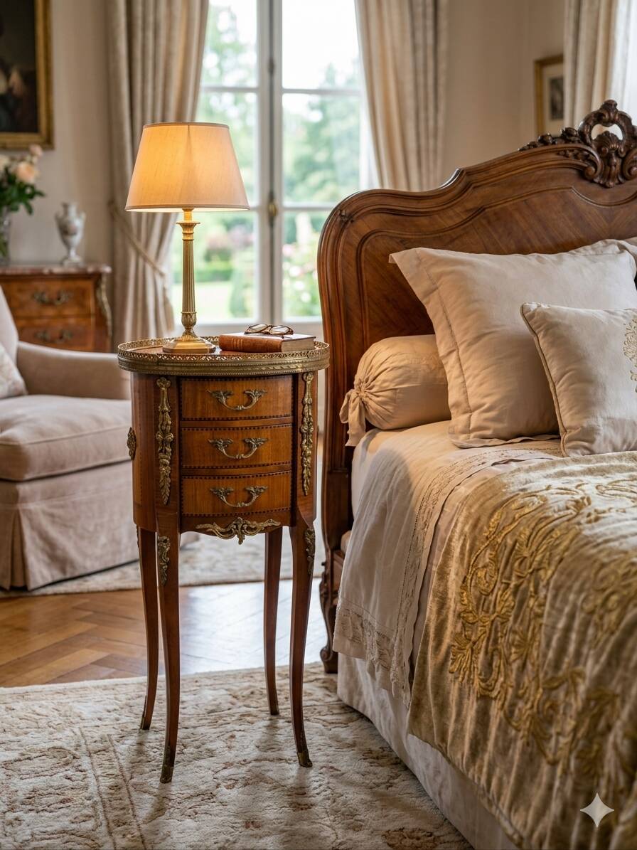 Oval bedside table in Louis XV style with marquetry.