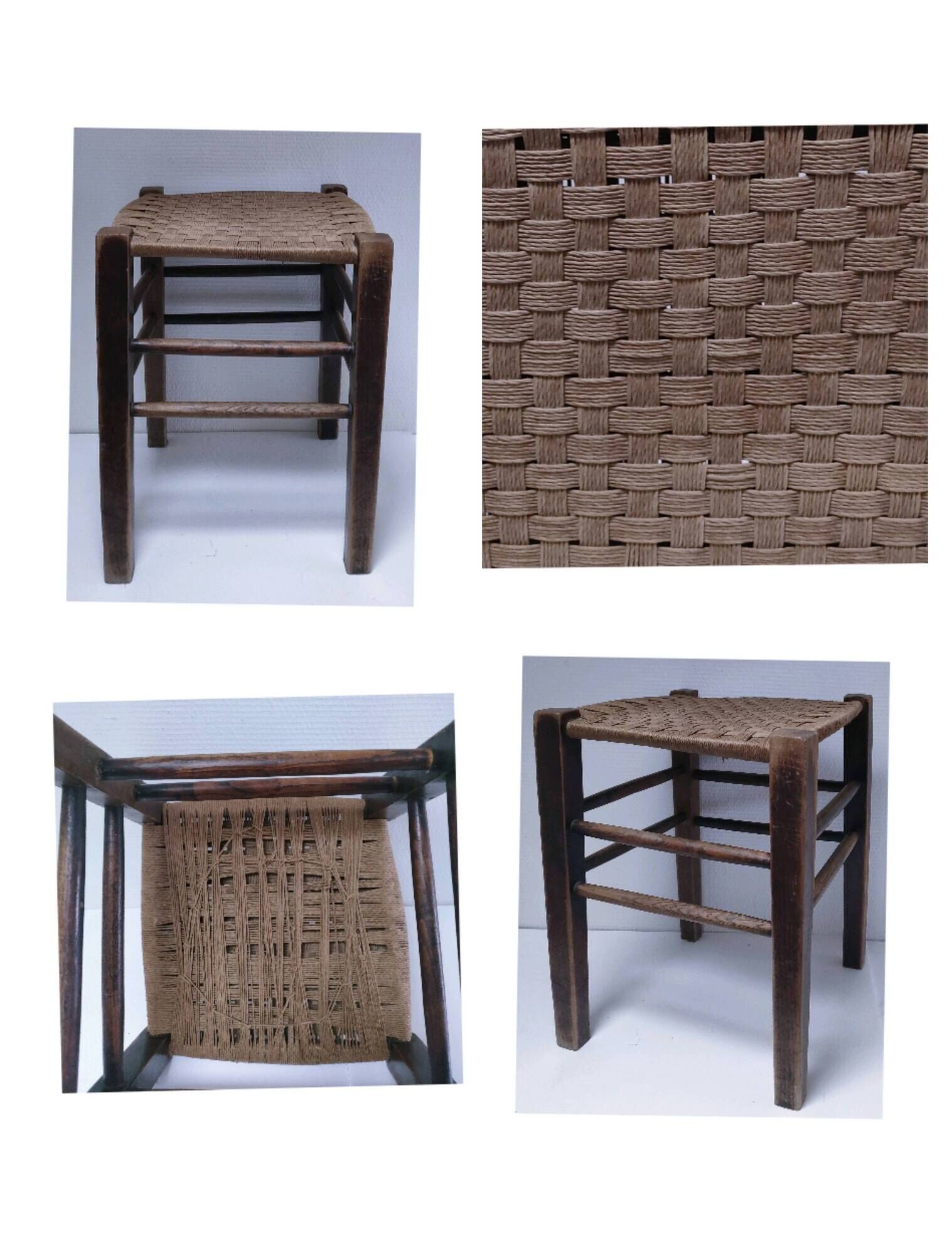 wooden stool with woven plant seat vintage