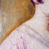 Huile sur toile - non signée - représente une femme assise à côté d'un vase de fleurs.