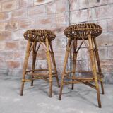 Paire de tabourets de bar bambou & rotin