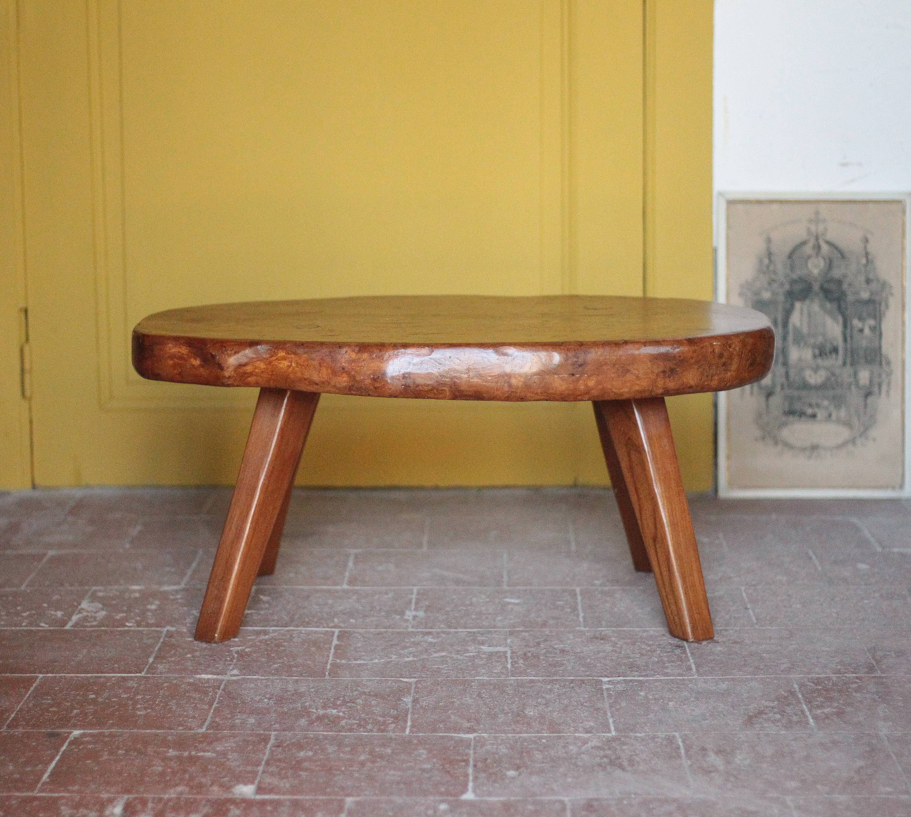 Brutalist coffee table made of elm burl, interior decor, living room table.