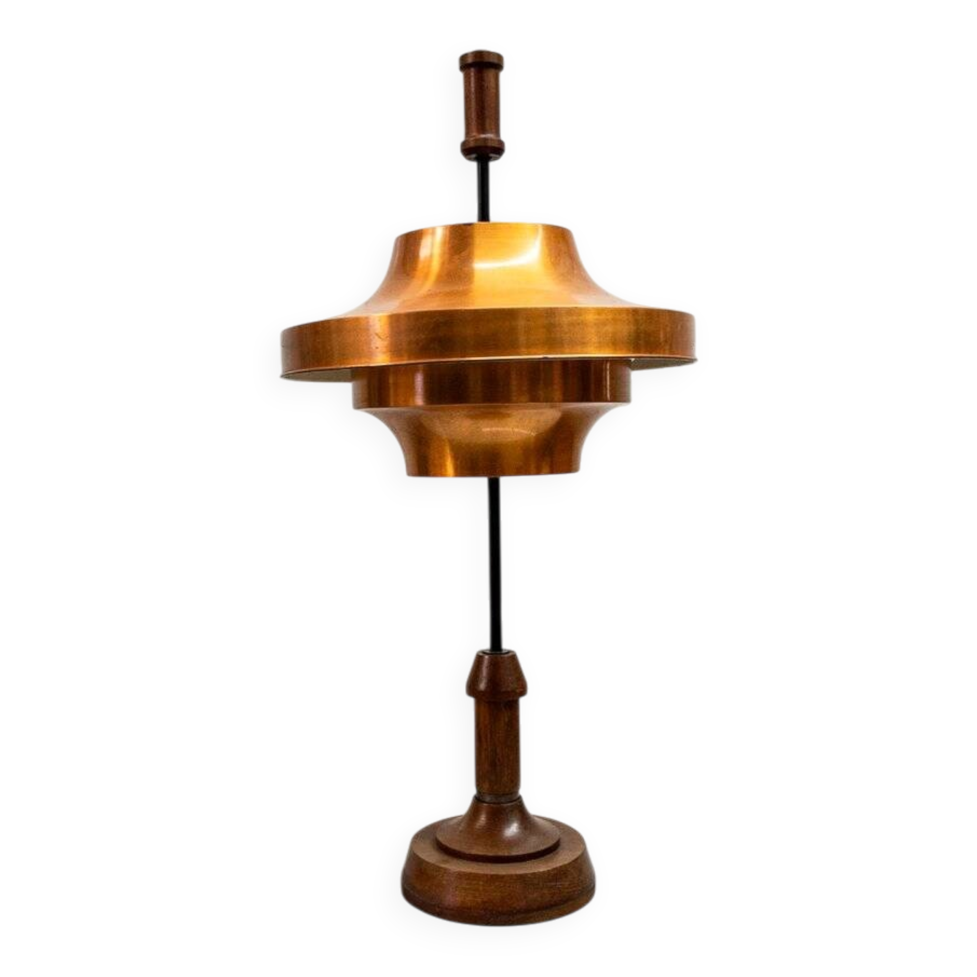 Table lamp with a wooden structure and adjustable copper shade by Stilnovo, 1950s.