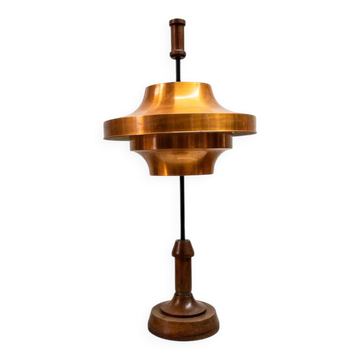 Lampe de table avec structure en bois et abat-jour réglable en cuivre de Stilnovo, années 50