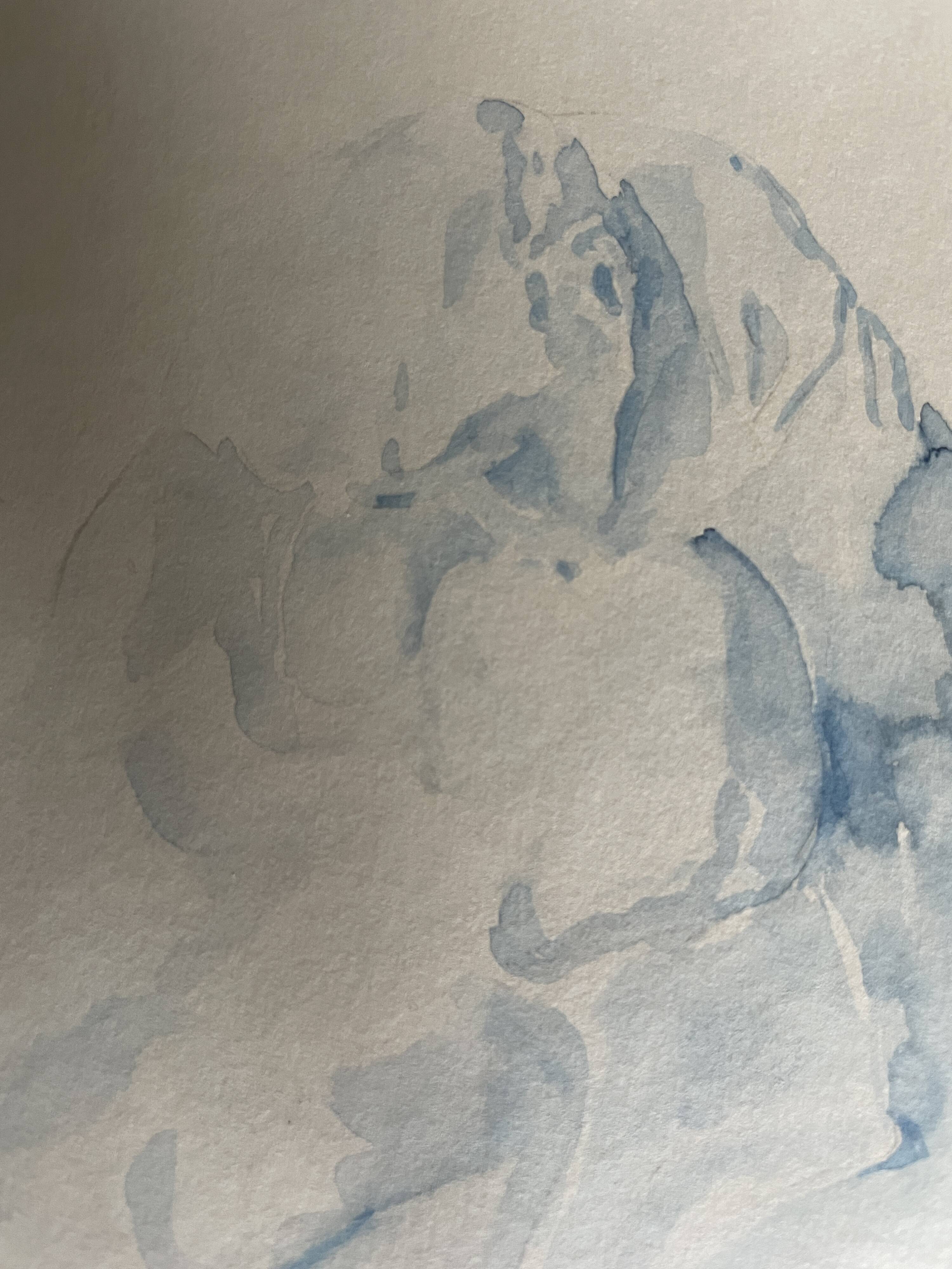 Signed watercolour monochrome blue study of the statue "The Kiss by Rodin"