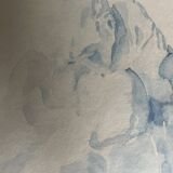 Tableau signé aquarelle monochrome bleue étude de la statue  « le baiser de Rodin »