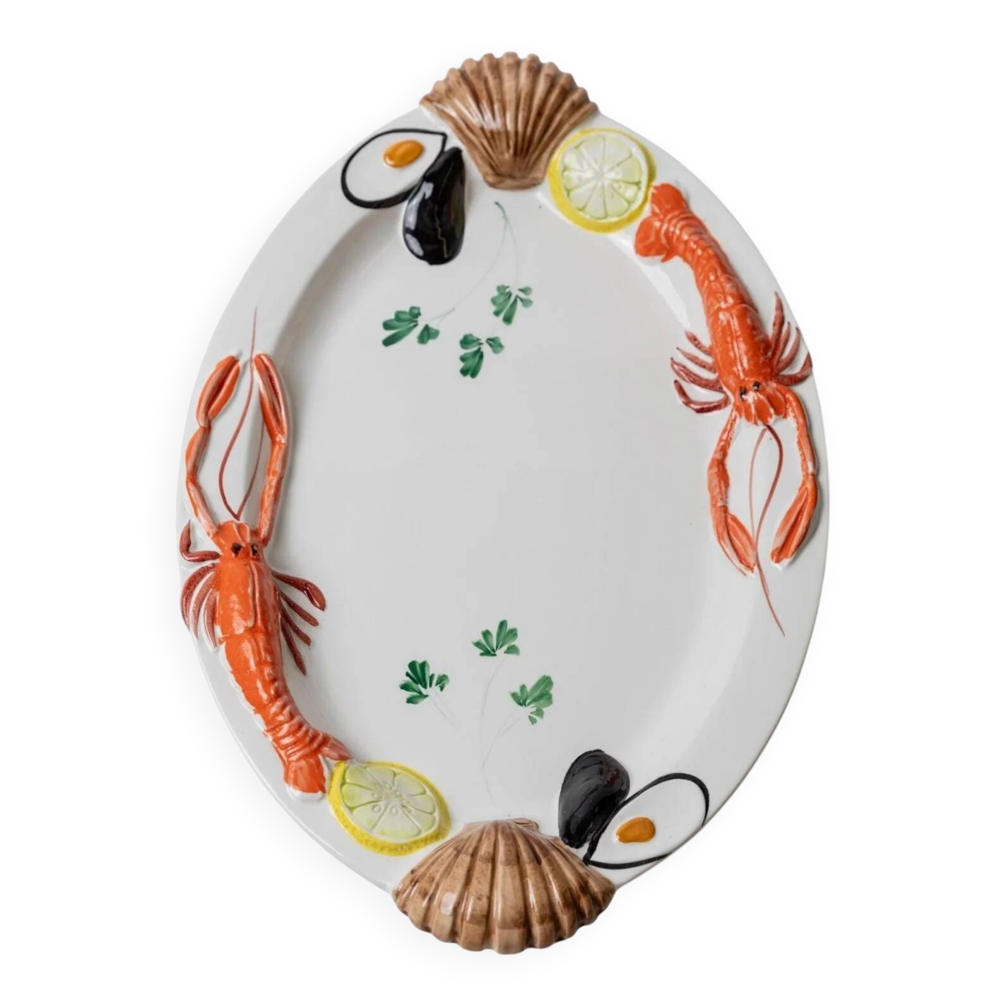 Assiette ovale en céramique blanche avec relief 3D de fruits de mer, design italien Siro, vintage des années 1980, 48 x 32 cm.