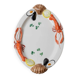 White ceramic oval plate with 3D seafood relief, Italian Siro design, 1980s vintage, 48 x 32 cm