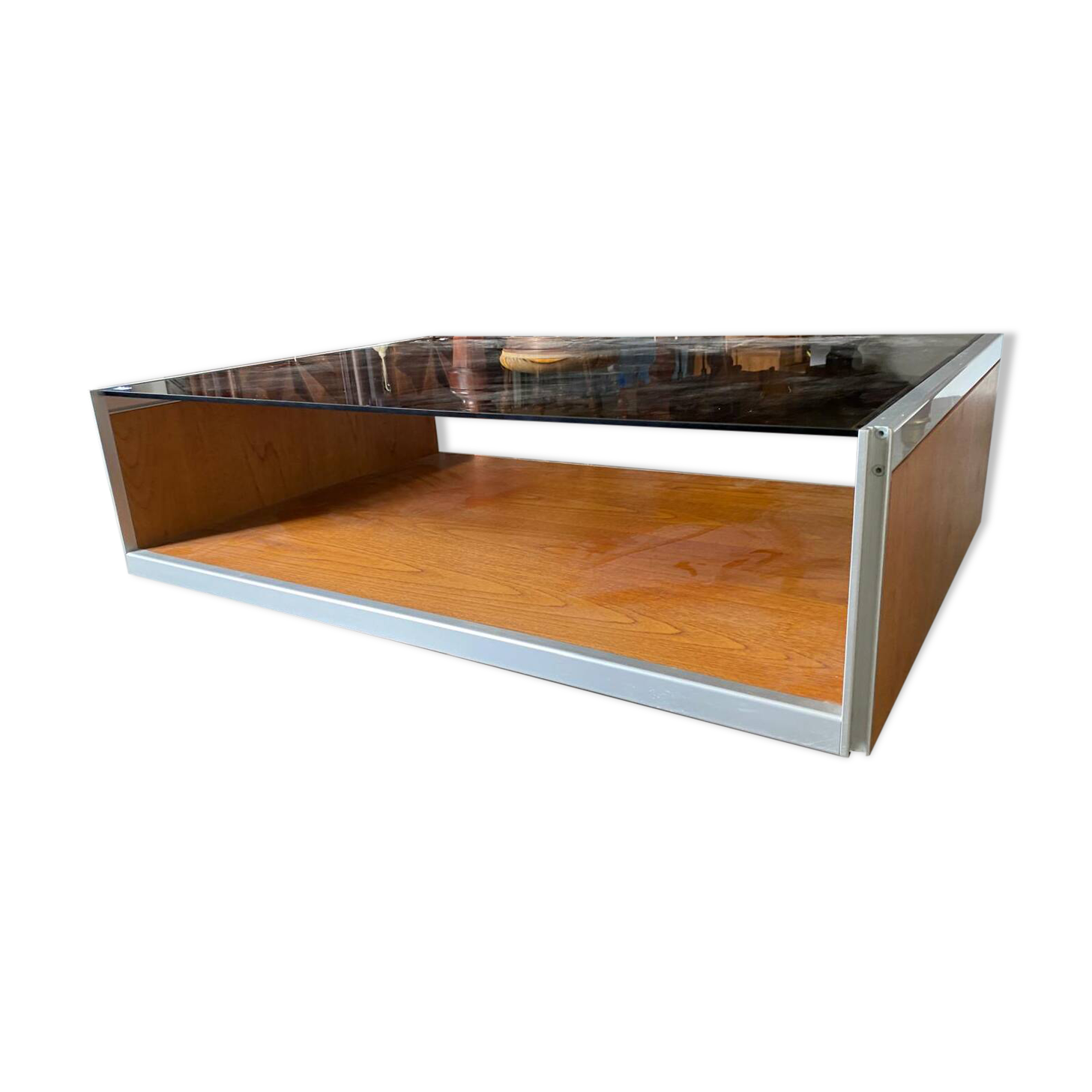 Coffee Table in Wood, Aluminium and Smoked Glass, 1970