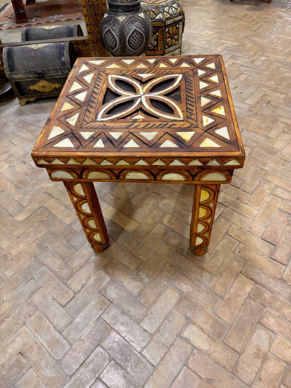 Moroccan camel bone marquetry wooden table for bedroom or living room