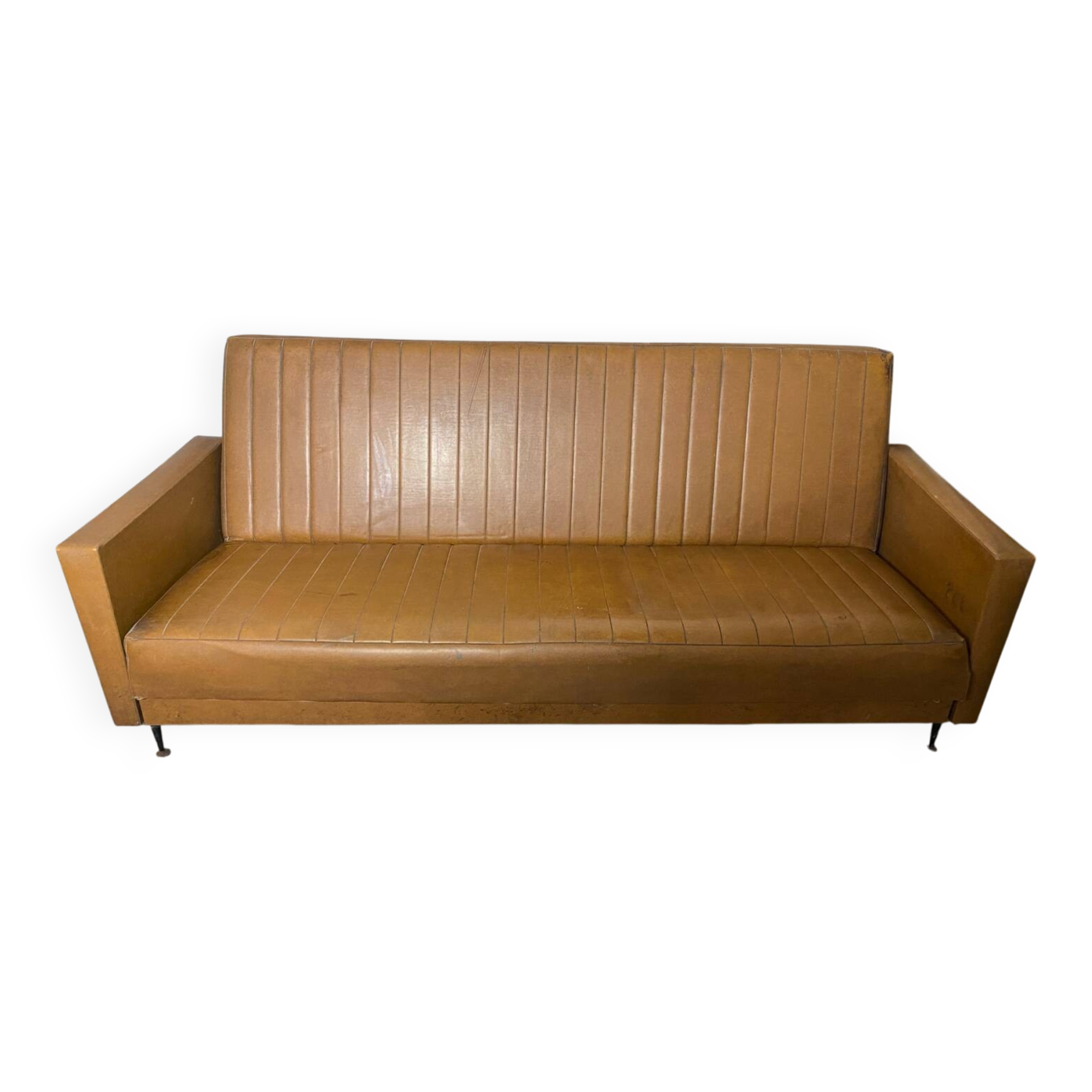 Vintage 60s 70s Brown Faux Leather Sofa Bed with Armrests #D4