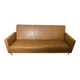 Vintage 60s 70s Brown Faux Leather Sofa Bed with Armrests #D4